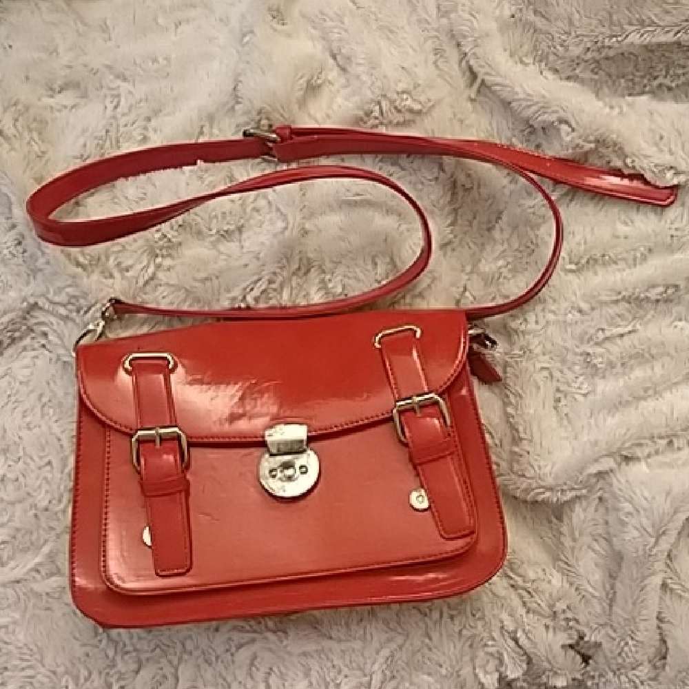 Well Loved Red Faux Patent Leather Satchel Bag